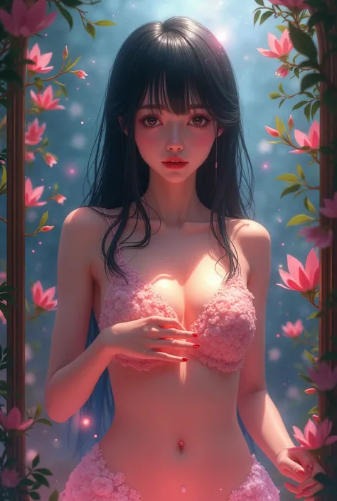 {{{{{3,318 trillion pixels high resolution, nsfw, Realistic scenery and lovely Japanese girl who is moaning madly as she nudity Masturbation that traces the sexual zone repeatedly with her fingers in a romantic Cylindrical crystal herbarium, thicken the li...