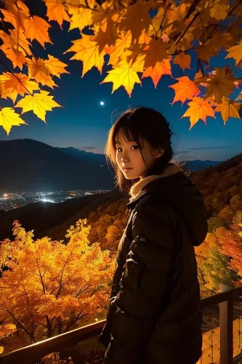 Mountain、autumn leaves、night