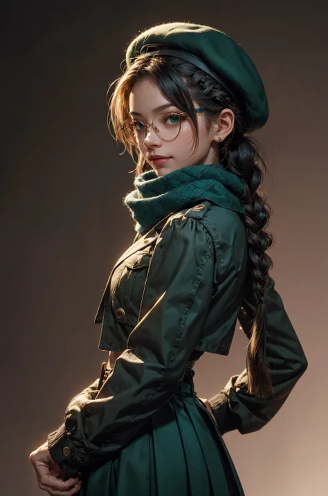 (masterpiece, best quality, absurdres, 4k, aesthetic, detailed, intricate),simple background,1girl, zennorobroy, braid, horse ears, horse tail,beret, glasses, green jacket, long sleeves, green skirt, scarf ,slight smile  