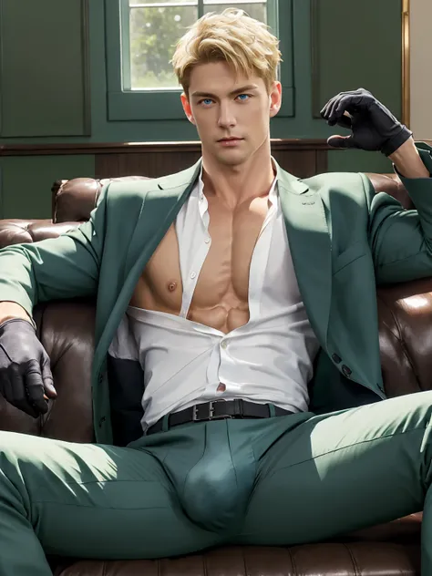 Loyd_forge, 独奏, looking at viewer, short hair, Blue eyes, blonde hair, Full chest muscles, Swelling of chest muscles, 1boy, sitting, jacket, white shirt, male focus, black gloves, pants, indoors, spread legs, open jacket, muscular, formal, abs, cat, suit, ...