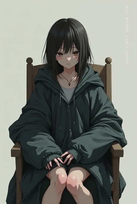 Amputee anime girl without limbs with jackets on a chair