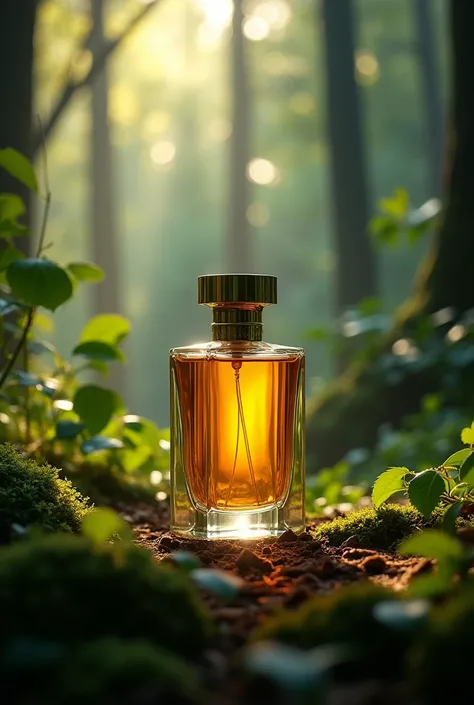 A bottle of perfume, product photography, in the forest, advanced photography, high quality texture, chiaroscuro, reflection light, ray tracing, masterpiece, best quality