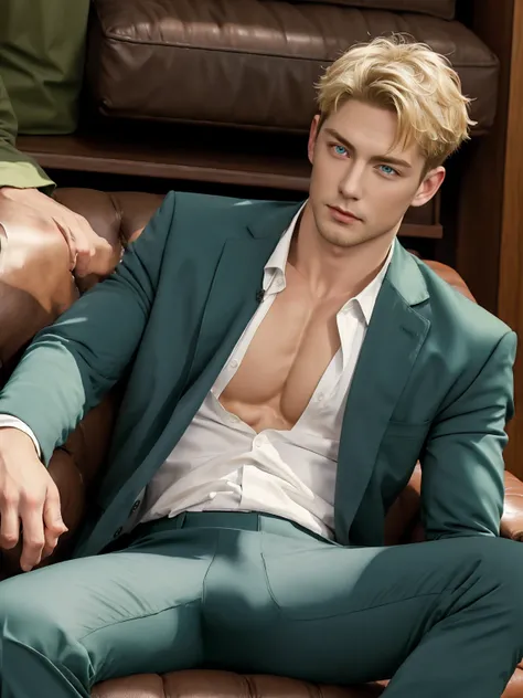 Loyd_forge, 独奏, looking at viewer, short hair, Blue eyes, blonde hair, Full chest muscles, Swelling of chest muscles, 1boy, sitting, jacket, white shirt, male focus, black gloves, pants, indoors, spread legs, open jacket, muscular, formal, abs, cat, suit, ...