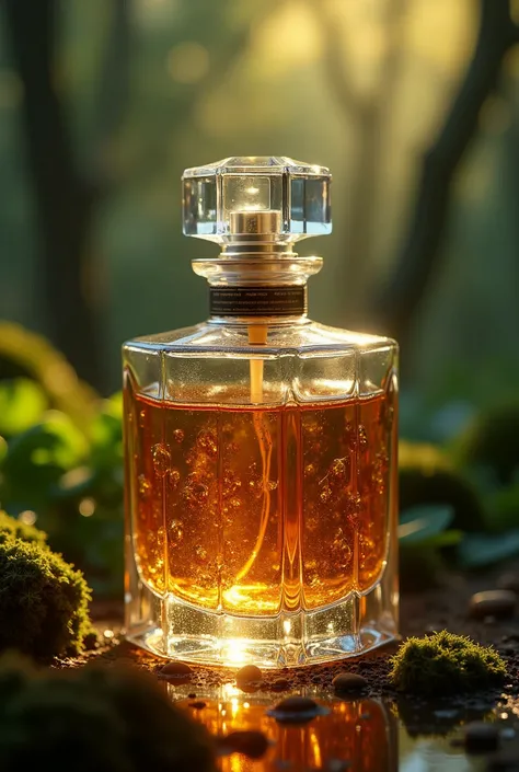 a highly detailed and realistic photorealistic bottle of perfume, beautiful detailed glass bottle, intricate texture, chiaroscuro lighting, warm golden reflections, dramatic ray tracing lighting, lush forest background, product photography, masterpiece, be...