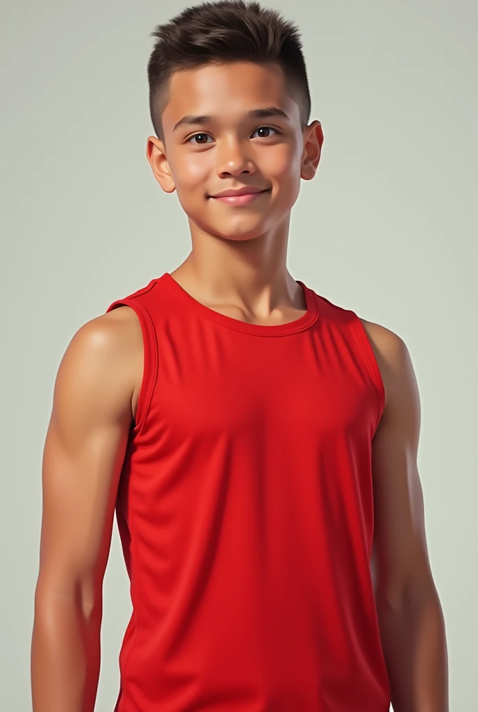 A tall boy wearing a red sleeveless shirt with short hair.