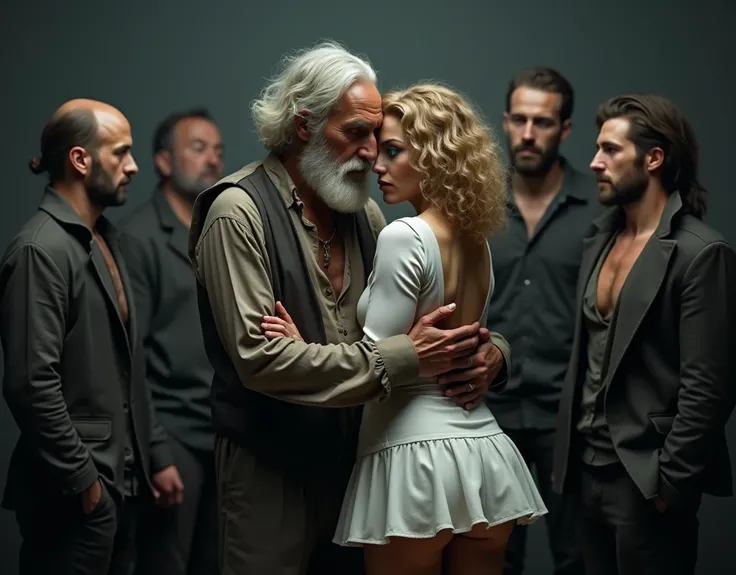 (perfect old man with torn clothes 90 years bearded),(Holding her from behind and talking in her ear),other men catching her with prancing ass,picking up in lap,mini white skirt swinging up, 40k, photography, masterpiece, best quality, dark gray background...