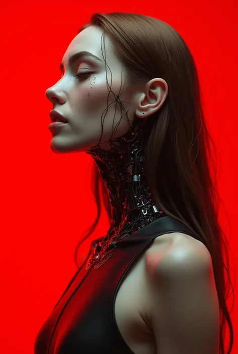 A beautiful ((evil slavic woman)), pale skin, long light brown hair, with robotic features as a closeup shot of the face and neck, with circuitry on her skin, clean lines, minimal details, cyberpunk, portrayed in profile with a red background, futuristic d...