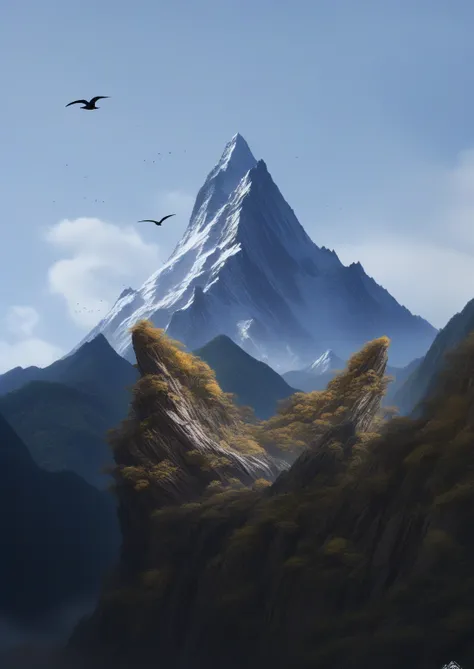 there are two birds that are sitting on a rock in the Mountains, giant imposing Mountain, Mountain in background, organic matte painting, Mountain in the background, large Mountain, &quot;Matte Painting&quot;, &quot;Matte&quot;, Mountain, Mountains in a ba...