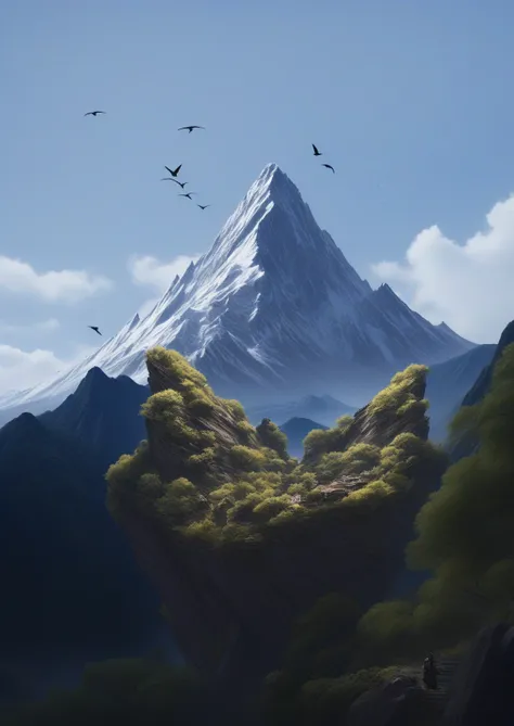 there are two birds that are sitting on a rock in the Mountains, giant imposing Mountain, Mountain in background, organic matte painting, Mountain in the background, large Mountain, &quot;Matte Painting&quot;, &quot;Matte&quot;, Mountain, Mountains in a ba...