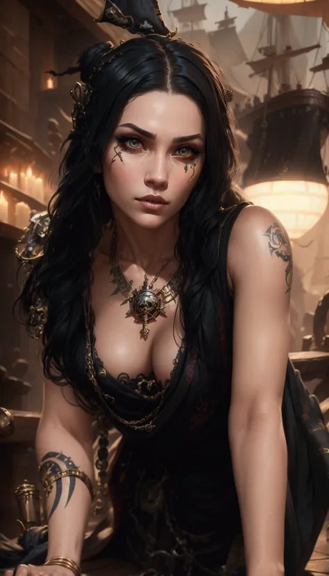 A beautiful, ultra-sexy pirate with a seductive gaze, detailed facial features,long eyelashes, intricate pirate attire,stunning jewelry, dramatic lighting, cinematic composition, rich color palette, masterful 3D rendering, hyper-realistic, award-winning di...