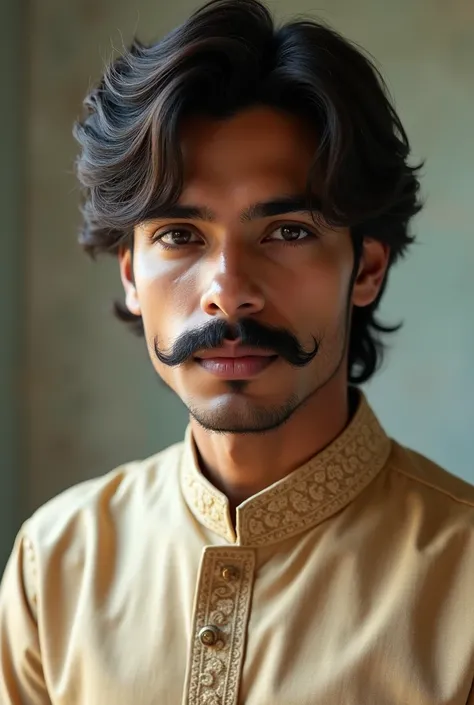 A man with moustache, Age 20 ,Hair like Bruce Wayne from Batman begins, With Indian clothes like kurta wearing 
