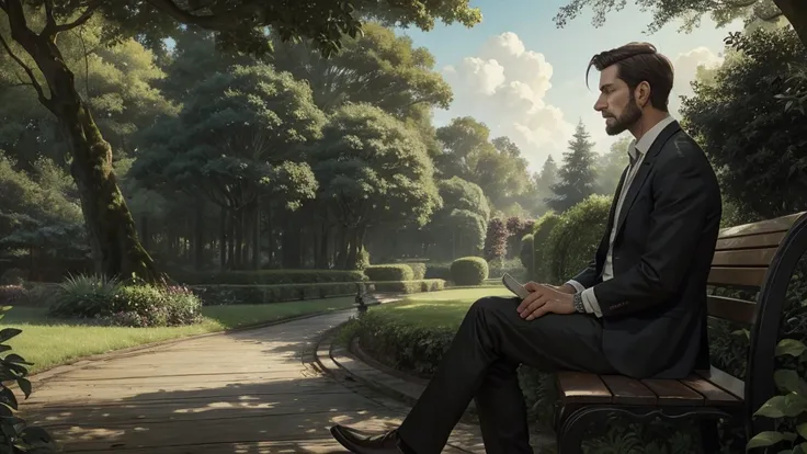 A man sitting alone on a wooden bench in a lush garden surrounded by tall trees, with soft, classic English-style illustrations.
Transition: A slow zoom-in effect on the man with a hand-painted texture, fading to black.