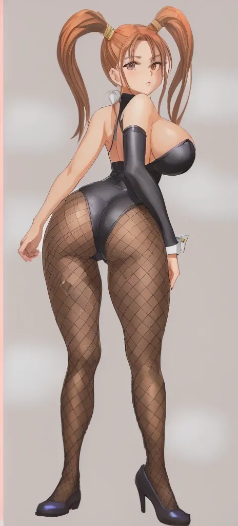 Jessica, with her big breasts, long beautiful legs and twin tails, is standing in a black high-cut bunny suit and fishnet stockings.。Angle from behind。