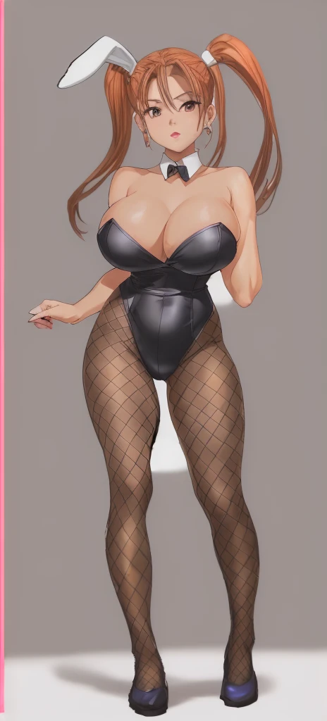 Jessica, with her big breasts, long beautiful legs and twin tails, is standing in a black high-cut bunny suit and fishnet stockings.。Angle from behind。