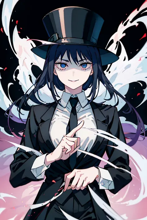 Long straight black hair，blue eyes，Sharp eyes，Smiling，Wearing black formal suit、white lining、Female magician in black trousers，Her right index finger is placed on her lips，Signal to others to be quiet；She holds a black silk top hat in her left hand，To take...