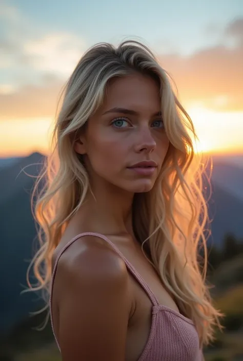 Belle fille européenne aux yeux bleus et aux cheveux blonds, en montagne habillé leger mais pas trop, regardant le ciel durant le couché de soleil, photo par devant, influencer style, ultra Haute résolution, (photoréaliste: 1.4), Haute résolution , (finely...