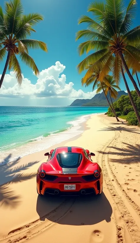 Masterpiece,Best composition,High resolution,Dynamic composition,Realistic,Birds eye view,Hawaii,One red state-of-the-art sports car on sandy beach,Tire ruts,Fast moving,Beautiful contrast between sea and sandy beach,Palm tree on side of road,Clear sky.