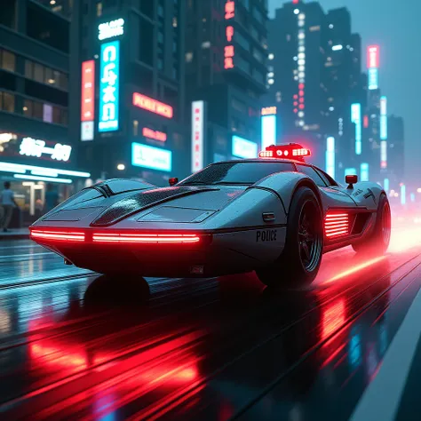 Police Spinner car of Blade Runner, runs through the city with its gaudy neon lights shining brightly, 