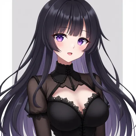 Black hair, half-twin, long straight hair.
Upward-slanting eyes with purple irises.
Tsundere-like personality.
Black clothing with frilly, cute details.
Sophisticated look.
Large breasts.