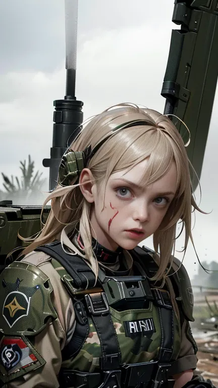 Postapocalyptic combat scene with a Beautiful hyperrealistic photograph of cute Young Swedish woman with Runic tattoos, ((dirty face Blood splattered)), (((wearing full heavy mecha armor, combat harness, Neon highlights))) Short Red Dreadlocks, combat pose...