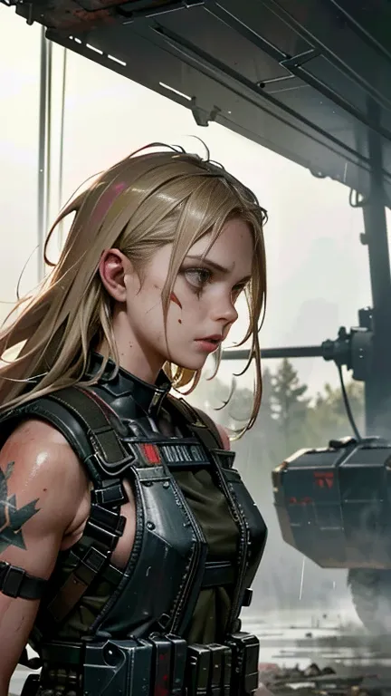 Postapocalyptic combat scene with a Beautiful hyperrealistic photograph of cute Young Swedish woman with Runic tattoos, ((dirty face Blood splattered)), (((wearing full heavy mecha armor, combat harness, Neon highlights))) Short Red Dreadlocks, combat pose...