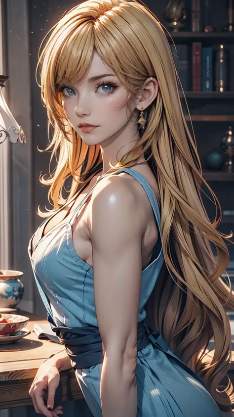 a blonde woman with long hair and a blue dress is posing for a photo, realistic anime art style, photorealistic anime girl rende...