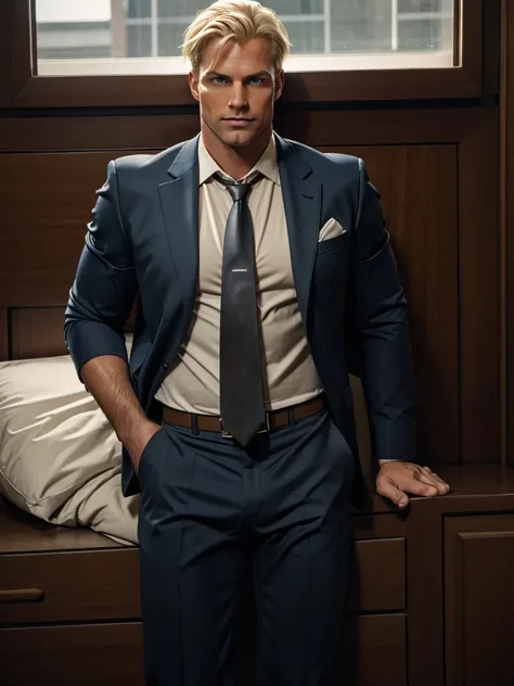 4K full body image, Realistic action long shot of a very handsome, blond, athletic, 30 year old wealthy bodybuilder businessman, clean-shaven, relaxing, arms stretched, wearing expensive tight, two-piece suits, tie with big fat knot, lying in bed relaxing,...