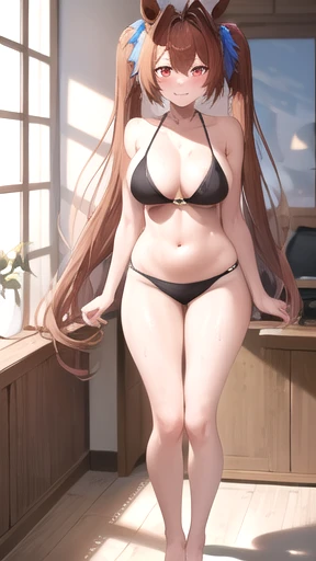 (((masterpiece,best quality,absurdres,8K))) , ((daiwa scarlet,brown hair, hair intake, red eyes, long hair, twintails, animal ears, horse girl, large breasts,black bikini)),((front, looking at viewer,embarrassed,blush:2.0,smile,steam:1.1,wet:0.8,trembling:...