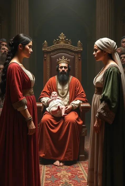 Two women came to a wise king, each claiming to be the mother of the same baby. Unable to determine the truth, the king proposed cutting the baby in half, giving each woman one half.

