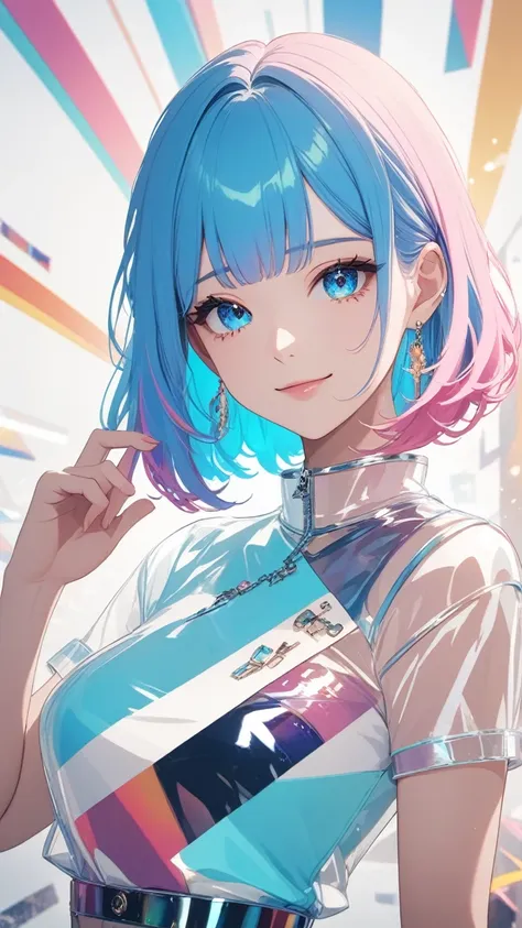 masterpiece, best quality, super wide angle, finger audience, 1girl, pink and blue hair, hand, cute anime face, tears, transpare...