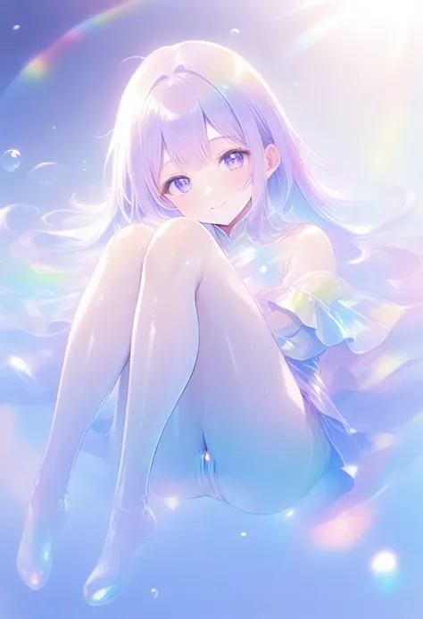 Super detailed, 8K, bubble, Right blue water, nice, bright, Beautiful and mysterious teenage girl smiling and hugging her knees while floating under the water, The girl is tall and busty/dark blue eyes/sparkling Eyes, Her long rainbow-colored hime-cut hair...