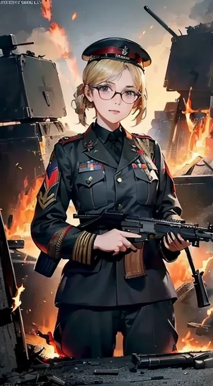 (Female soldier with well-trained body)、(((Fire machine guns to destroy enemy robots:1.4)))、1 Female 1 Robot、(Black combat uniform)、(platinum-blonde-hair:1.2)、shout out、Have multiple weapons、Running through the rubble、((超A high resolution))、Detail Write、​m...