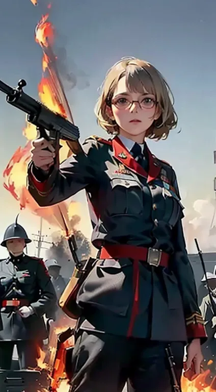 (Female soldier with well-trained body)、(((Fire machine guns to destroy enemy robots:1.4)))、1 Female 1 Robot、(Black combat uniform)、(platinum-blonde-hair:1.2)、shout out、Have multiple weapons、Running through the rubble、((超A high resolution))、Detail Write、​m...