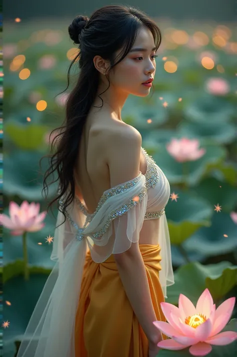 In the wind of the evening stars, of the evening stars, blowing small white flower petals, full-body picture of a beautiful, sweet-faced young woman, 25 years old, wearing a white Thai dress with blue and gold sparkles, a gold sarong, a golden orange silk ...