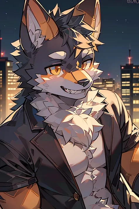 A detailed, muscular, young male werewolf with gray fur, sharp teeth, and golden eyes, smiling happily in a vibrant night cityscape, (best quality,4k,8k,highres,masterpiece:1.2),ultra-detailed,(realistic,photorealistic,photo-realistic:1.37),intricate line ...