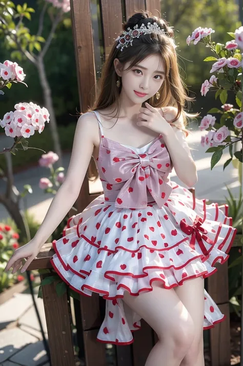 WHAT,bow,crinoline, (best quality, masterpiece:1.2), tianfeng1, Extremely detailed, (Practical:1.37), beautiful, youth, Charming female model, sweet smile, Sweetheart girl, Warm colors, ((Full body view，Skin is firm and smooth)), ((Random scenes，Random sho...