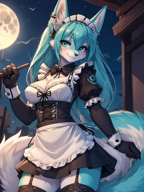 Miku Hatsune, add high definition_detail:1, blue fur,kitsune ears, tribal tattoo add_detail:1, posing during a full moon showing off her beautiful figure and her outfit. (Maid lingerie, maid mini skirt)sweaty body add_details:1, smiling add_detailsl:1, ear...