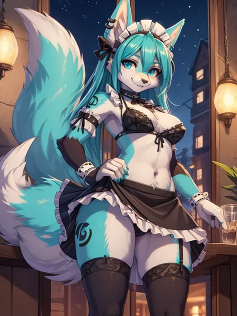 Miku Hatsune, add high definition_detail:1, blue fur,kitsune ears, tribal tattoo add_detail:1, posing during a full moon showing off her beautiful figure and her outfit. (Maid lingerie, maid mini skirt)sweaty body add_details:1, smiling add_detailsl:1, ear...