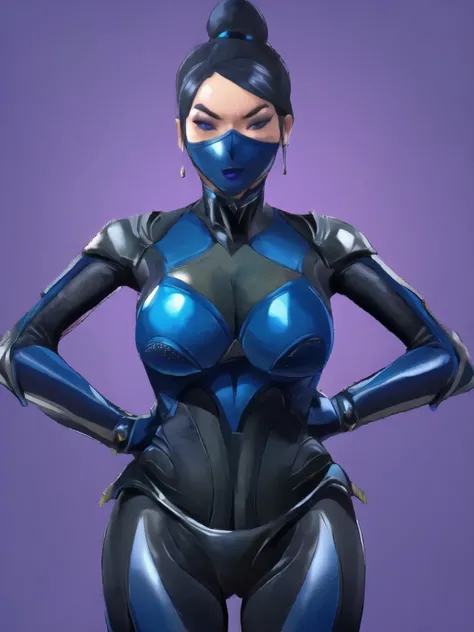 Bowei, kitana, 1girl, upper body, slim body, slim thighs, bodysuit, detail eyes, ninja mask , solo, lips, blue bodysuit , looking at viewer, simple background, gloves, black background, mole under mouth, eyeshadow, hands on hips, blue bodysuit,leather, lat...