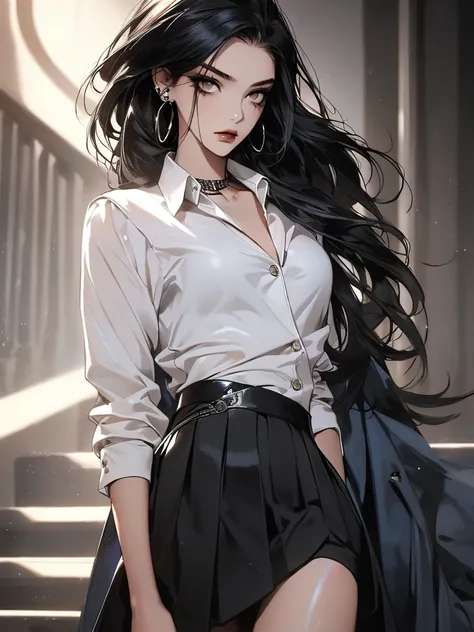 (best quality: 1.2), clean face, (masterpiece: 1.2, 8k) perfect anatomy, 1 girl) a beautiful fashion model ,(masterpiece, official art, best quality shiny hair, straight black hair with streaks in hair, full lips, small breasts, blazer school uniform, shor...