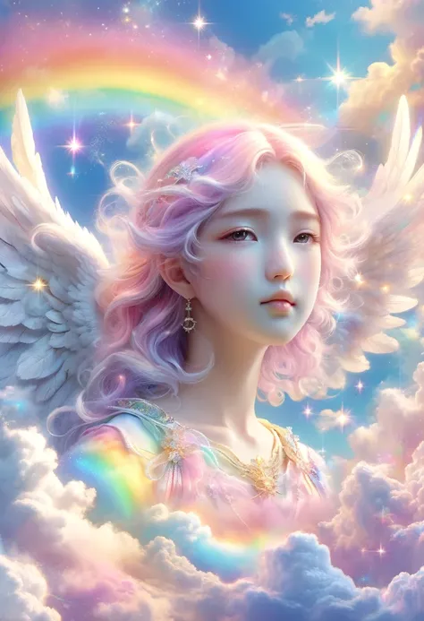 pastel rainbow clouds、angel on the cloud、a 20-year-old japanese-looking angel