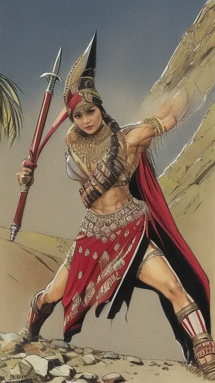 Draw a indian muscular warrior queen slaying a enemy man, she stood over he falls down, tough eyes, destroying reactions