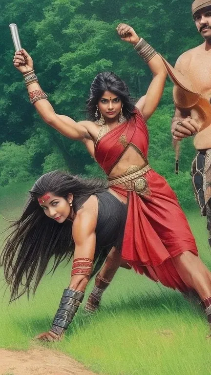 Draw a indian muscular warrior queen slaying a enemy man, she stood over he falls down, tough eyes, destroying reactions