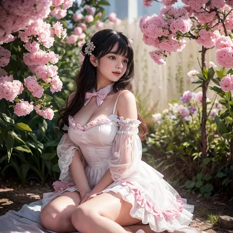 Side view,side angle, Bow tie at the back of the waist, There is a bow on the back，Sideways photo, Skirt length to calf, cupcake dress, Layered skirt with lace on each layer, Put on a lolita dress, layered dress, Pink Lolita dress, lots of lace, Long sleev...