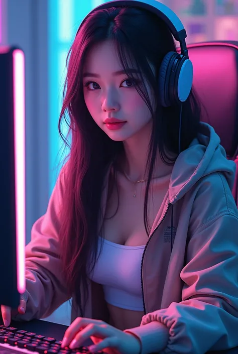 The gamer background is a beautiful girl like a Korean, playing games, long and straight hair,Wearing a crop top and top jacket, wearing ankle pants, wearing sneakers, high detail