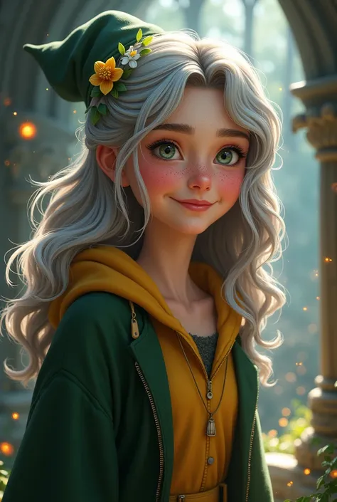 Ellie a young witch with a big heart and a cheerful personality. silver hair, green eyes, pink lips and freckles. World of Harry Potter, Hufflepuff