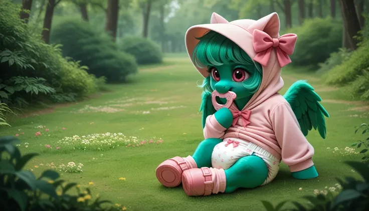 pony, Pegasus, adult filly, emerald green fur, a lush mane, gathered in a light pink bonnet, fluffy tail with a pink bow, sitting outside, dressed in a pink onesie and pink booties, pink pacifier in mouth, solo, thick light pink diaper under clothes.