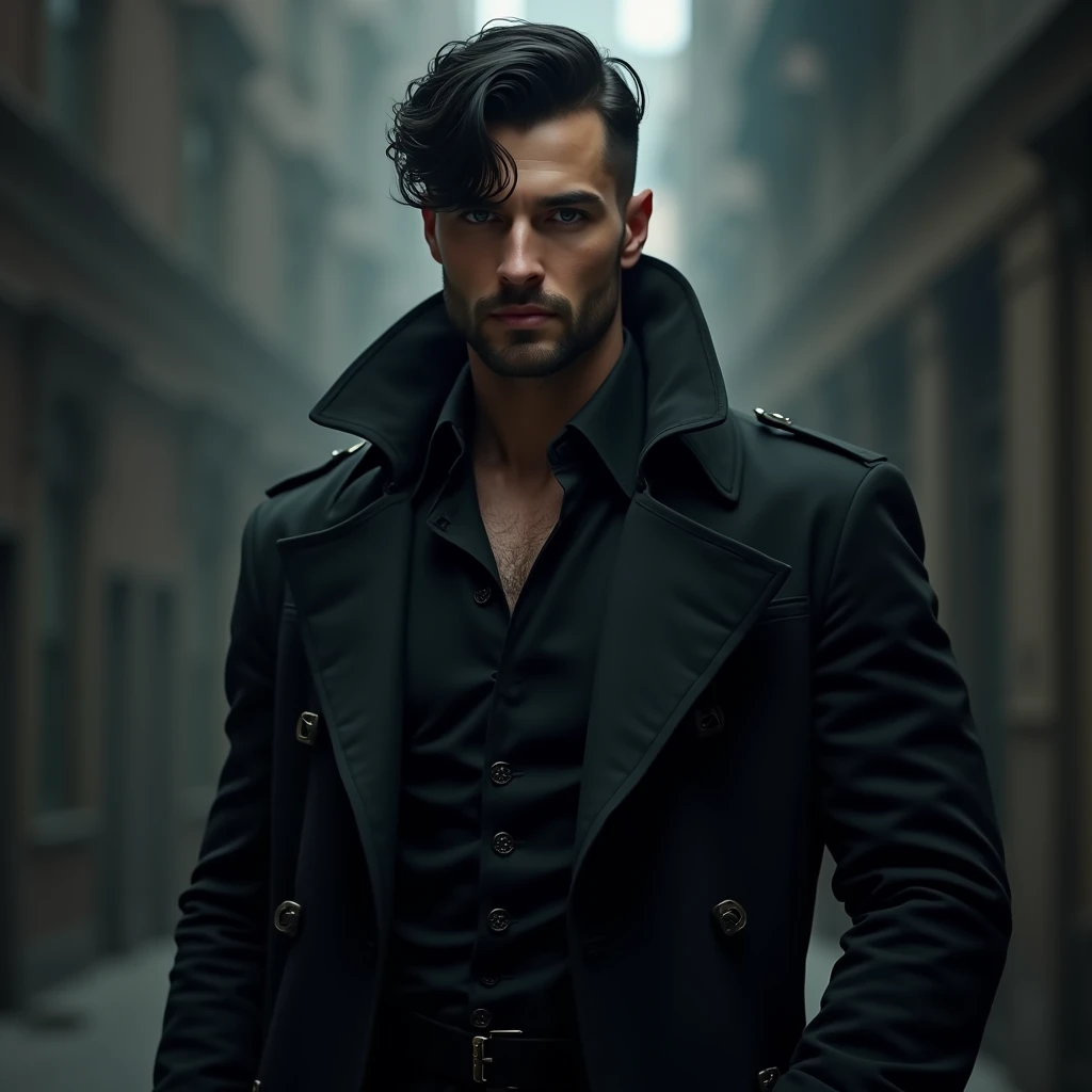 Man, 65, Muscular, Trench Coat, Black Hair covering forehead, dark brown eyes, short beard, chiseled jawline, charismatic