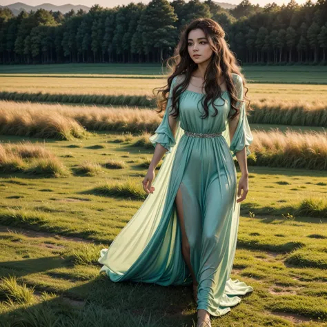 A young and beautiful queen walking through a very green meadow at dawn. She wears light, flowing clothes, and has long, silky, curly hair.