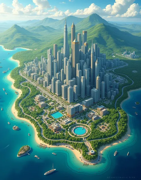 A super large map illustrated of a modern city on an island, forest and a spa resort